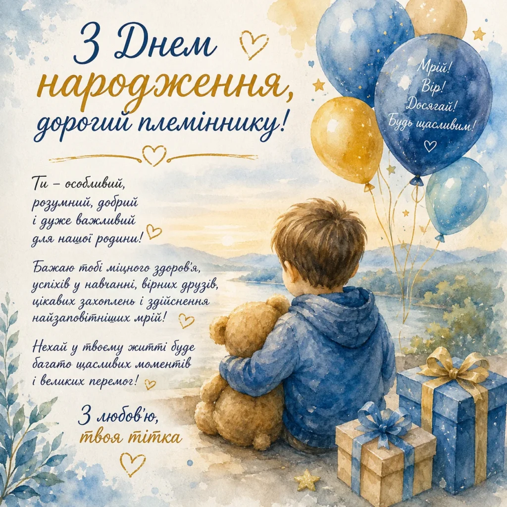 акварельна листівка маленькому племіннику від тітки з привітаннями 