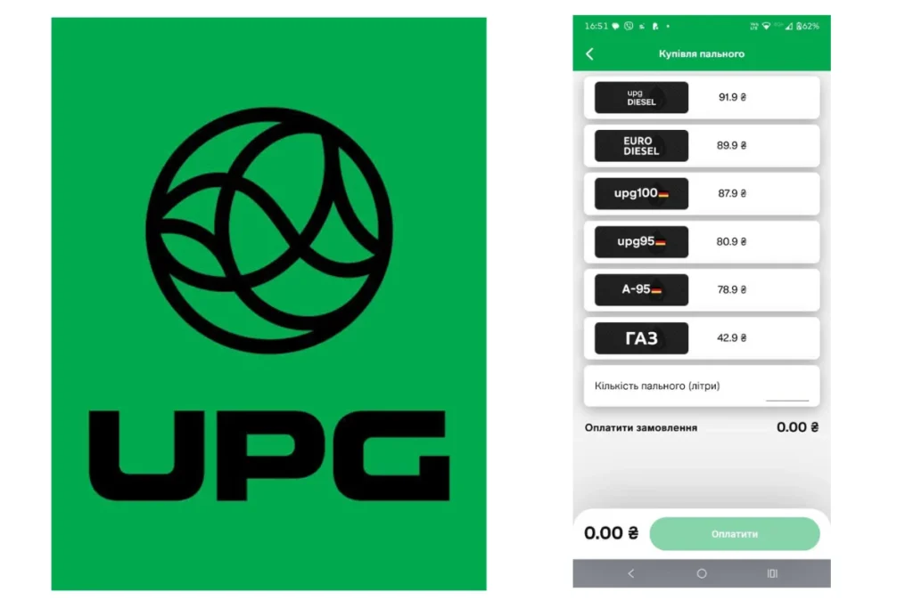 Скріншот цін на бензин, дизель і газ у UPG