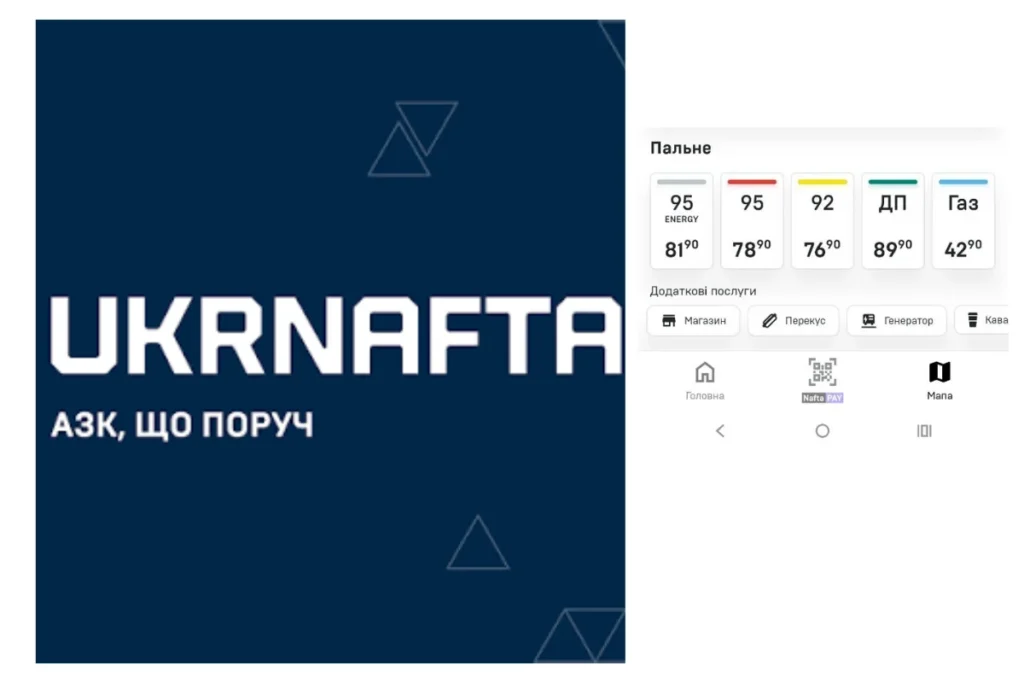Скріншот логотипа та цін на бензин, дизель і газ у Укрнафта