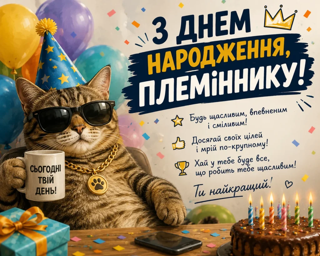 Прикольна картинка з крутим котом та напис “ з днем народження, племіннику”