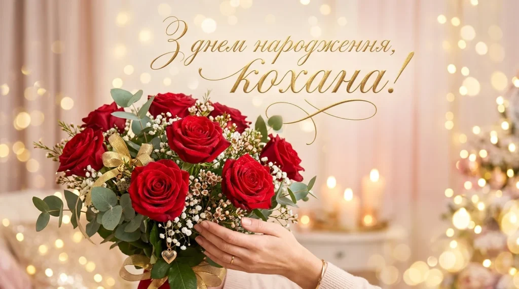 Листівка з букетом червоних троянд та золотистим каліграфічним написом