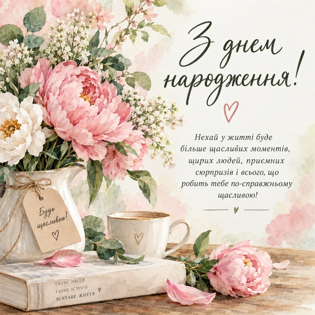 ніжна акварельна листівка з квітами на день народження