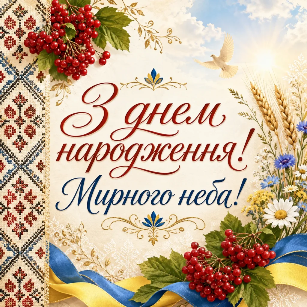 картинка в українському стилі “З днем народження! Мирного неба!”