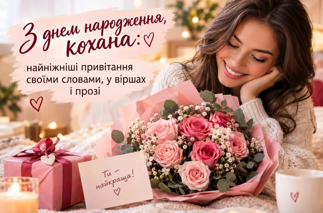 Головна ілюстрація: усміхнена дівчина з букетом рожевих троянд та подарунком