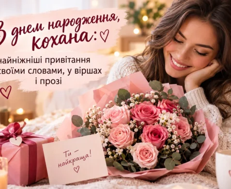 Головна ілюстрація: усміхнена дівчина з букетом рожевих троянд та подарунком