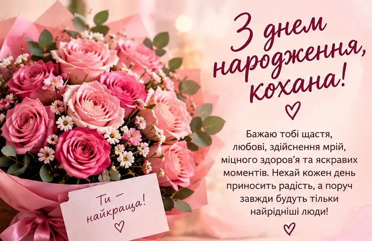 Листівка з рожевими трояндами та щирим побажанням щастя