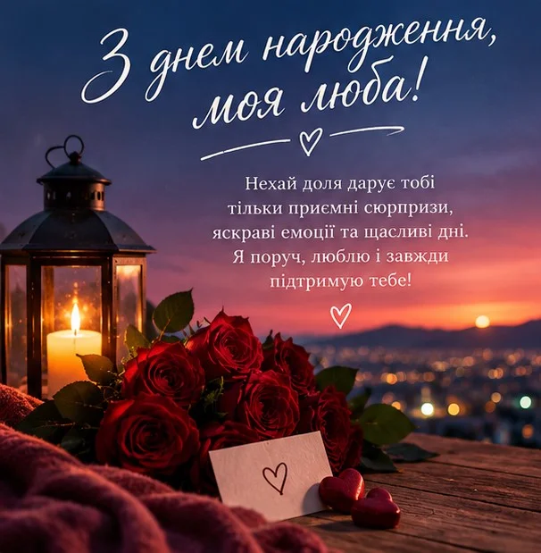 Листівка з вечірнім ліхтарем, червоними трояндами та свічкою