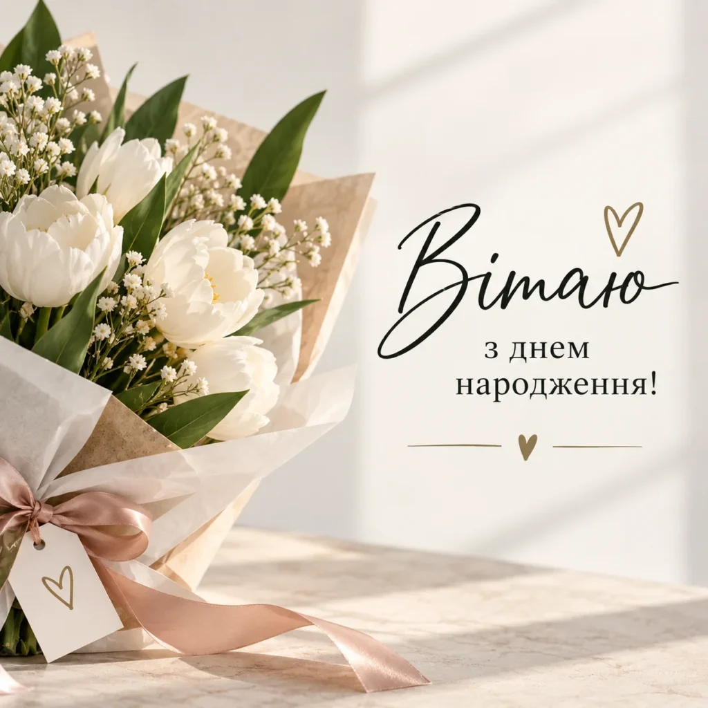 ніжна картинка з білими тюльпанами та написом “вітаю з днем народження”