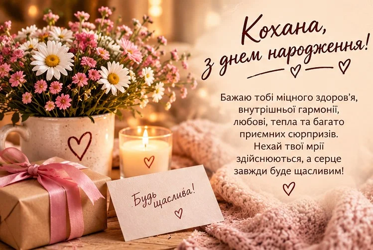Затишна листівка з польовими ромашками, чашкою та свічкою