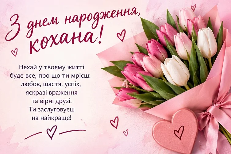 Ніжно-рожева листівка з яскравим букетом тюльпанів